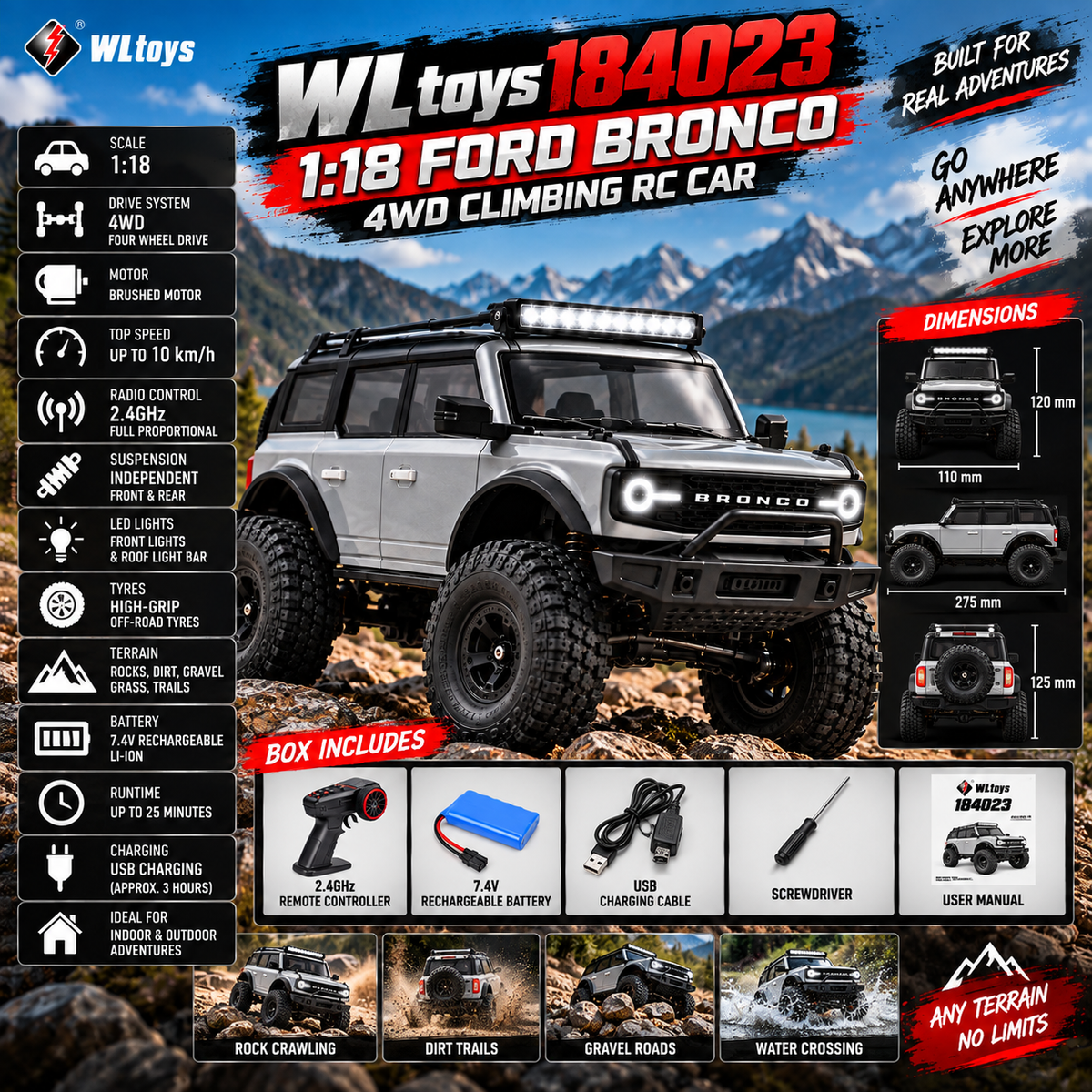 WL Toys 184023 1:18 Ford Bronco 4WD Climbing RC Car — product image 2