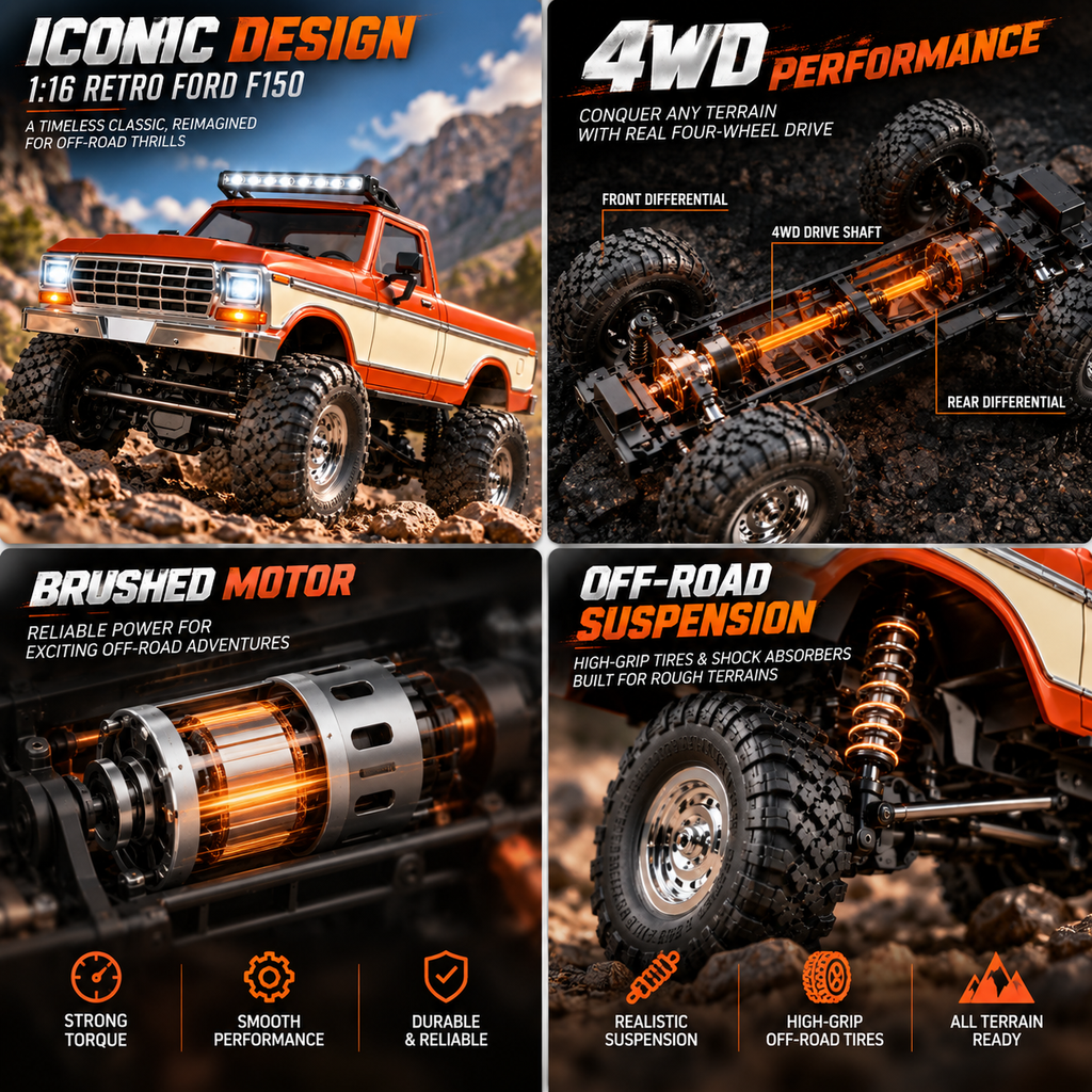 HB R1611 Ford F150 Retro 4WD RTR RC Crawler Truck 1:16 Scale – Red — product image 2
