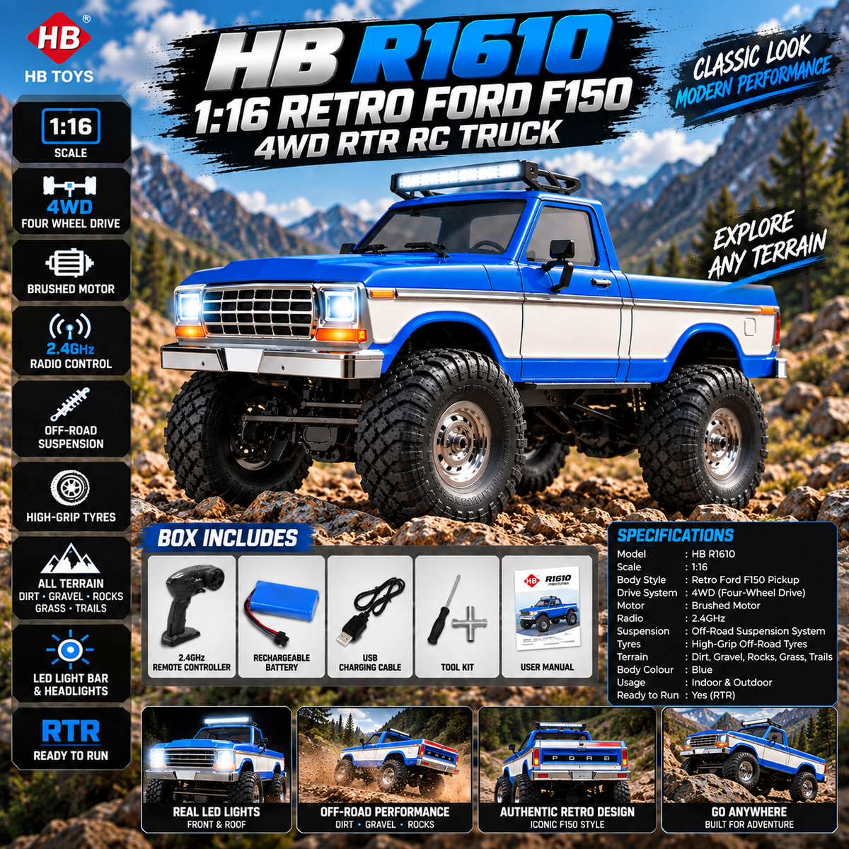 HB R1610 1:16 Retro Ford F150 4WD RTR RC Truck – Blue — product image 3