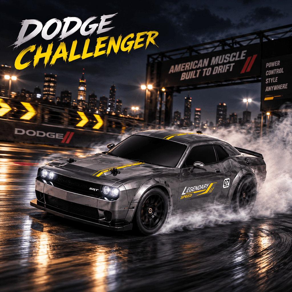 A gray Dodge Challenger SRT drift car with yellow decals is shown driving on a wet racetrack at night, with smoke, city lights, and large Dodge branding visible in the scene.