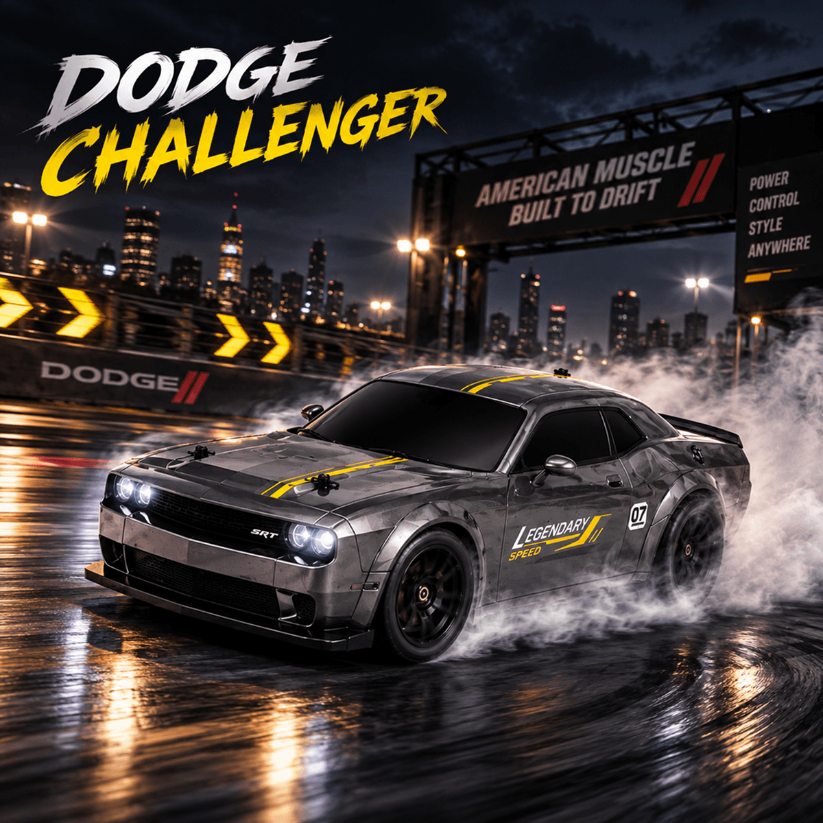 A gray Dodge Challenger SRT drift car with yellow decals is shown driving on a wet racetrack at night, with smoke, city lights, and large Dodge branding visible in the scene.