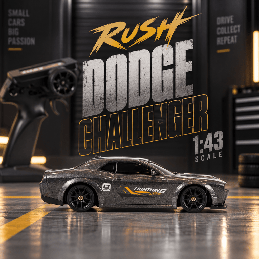A 1:43 scale remote control toy car modeled after a Dodge Challenger, shown in a dark garage setting with a large remote control in the background and bold graphic text overlays reading 'Rush Dodge Challenger'.