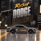 A 1:43 scale remote control toy car modeled after a Dodge Challenger, shown in a dark garage setting with a large remote control in the background and bold graphic text overlays reading 'Rush Dodge Challenger'.