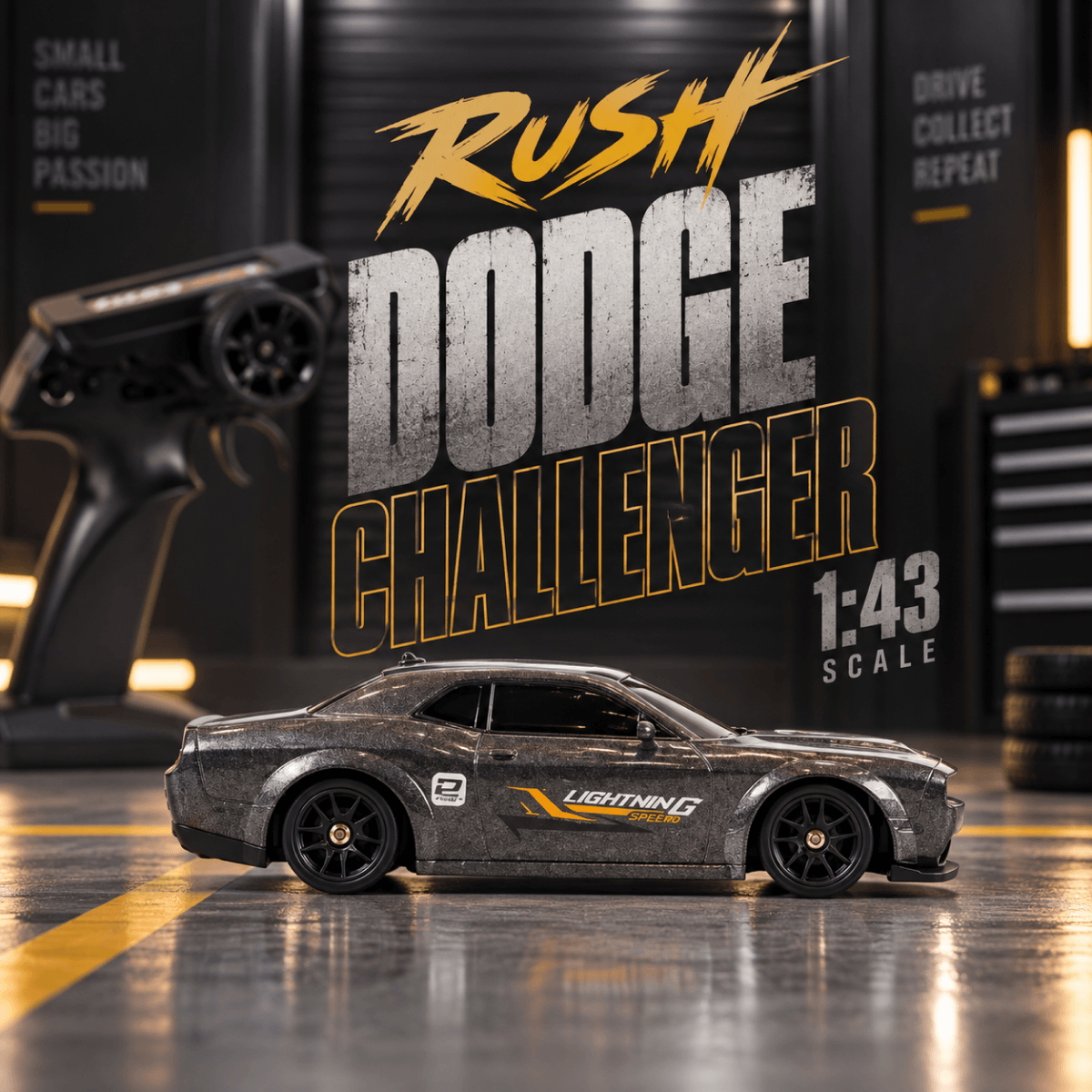 A 1:43 scale remote control toy car modeled after a Dodge Challenger, shown in a dark garage setting with a large remote control in the background and bold graphic text overlays reading 'Rush Dodge Challenger'.