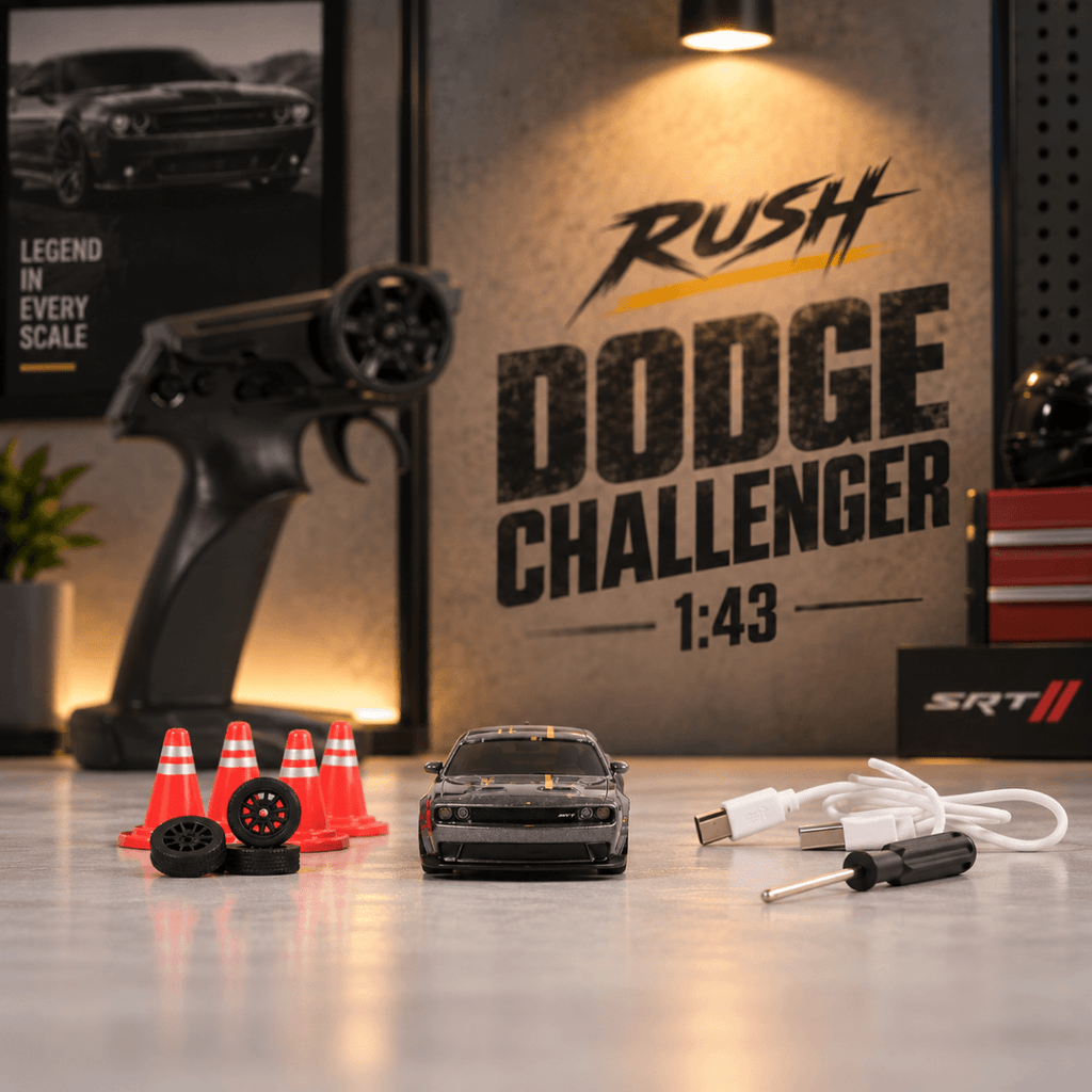 A small black remote-control drift car is displayed on a tabletop with accessories including orange traffic cones, spare tires, a USB charging cable, and a screwdriver. In the background, a large wall sign reads “RUSH DODGE CHALLENGER 1:43,” with a blurred controller and branded SRT packaging visible.