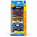 A 5-pack of Hot Wheels Racing scale model cars in a clear plastic blister pack with a blue and yellow cardboard backing. The set includes a blue pickup truck, a purple muscle car, a gold hearse, a white and black police car, and a black and white muscle car.