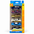 A 5-pack of Hot Wheels Racing scale model cars in a clear plastic blister pack with a blue and yellow cardboard backing. The set includes a blue pickup truck, a purple muscle car, a gold hearse, a white and black police car, and a black and white muscle car.