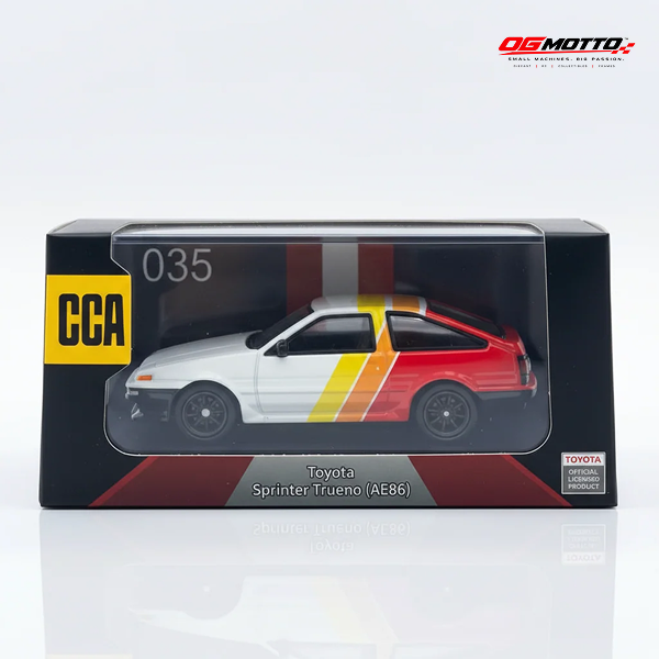 CCA | Toyota AE86 | White | Red-Orange-Yellow Stripe | 1:64 Scale | Diecast Car | Acrylic Display Case