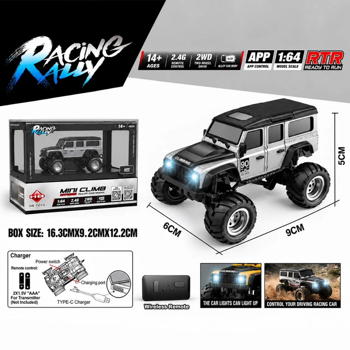 Racing Rally Mini Climb 1:64 Grey Off-Road RC Car with App Control — product image 1